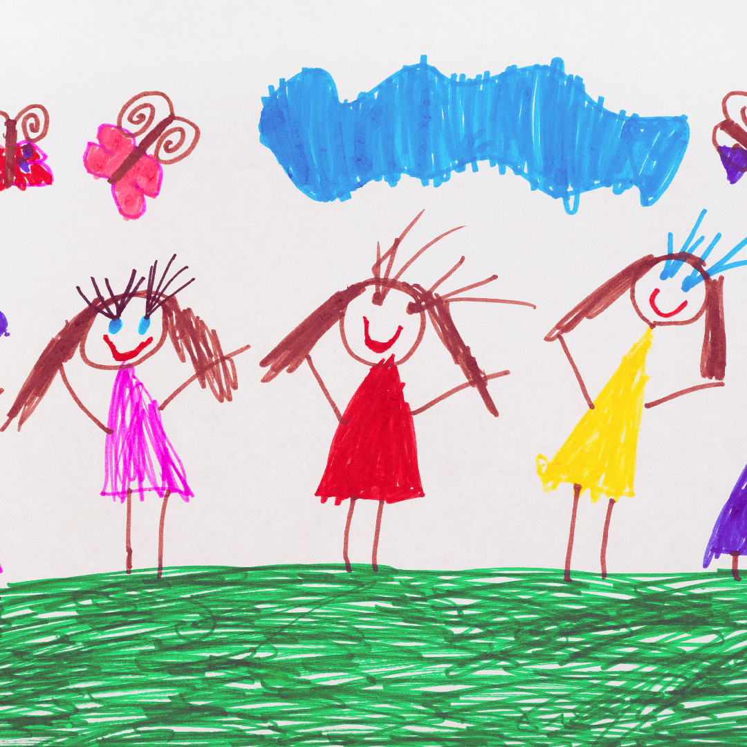 Zeichnung eines Kindes mit Buntstiften; Menschen stehen auf grüner Wiese; Schmetterlinge in der Luft